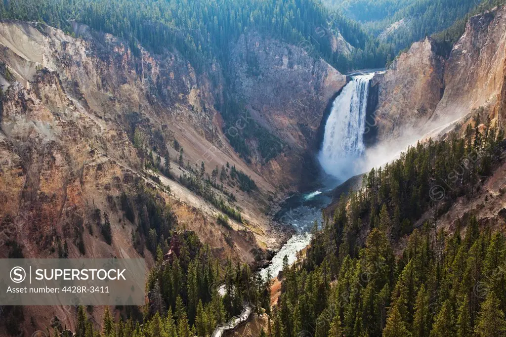 Aerial view of waterfall in rocky canyon,Grand Canyon of the YellowstoneYellowstone NP. Wyoming.USA