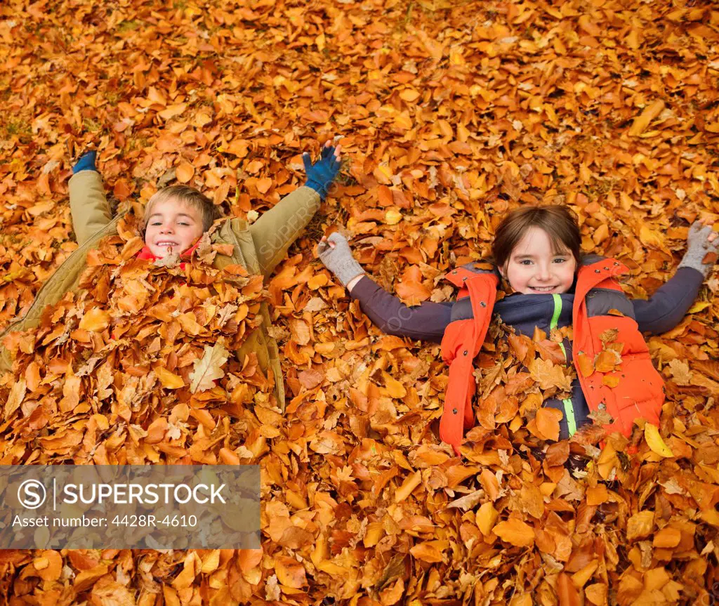 Children laying in autumn leaves,London, UK