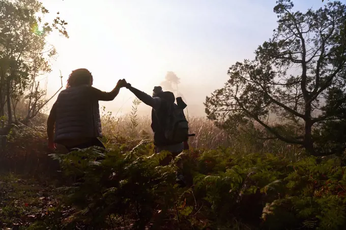 Silhouette young couple holding hands hiking in woods at dawn