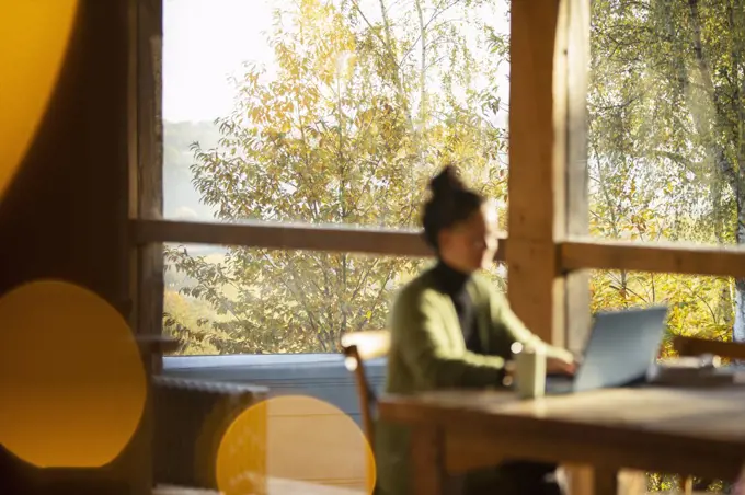 Businesswoman working at laptop in sunny autumn cafe