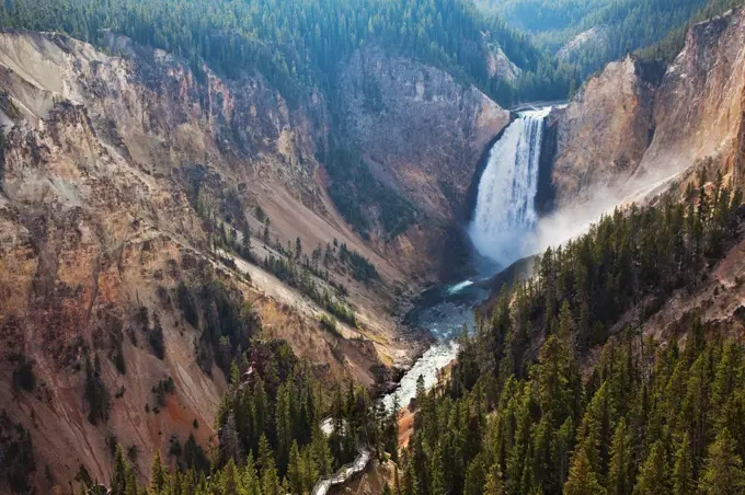 Aerial view of waterfall in rocky canyon,Grand Canyon of the YellowstoneYellowstone NP. Wyoming.USA