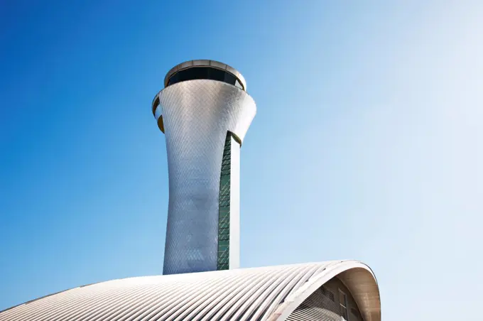 Air traffic control tower and blue sky,Farnborough, United Kingdom