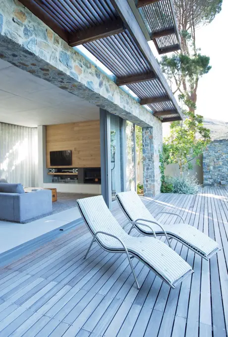 Lawn chairs on wooden patio