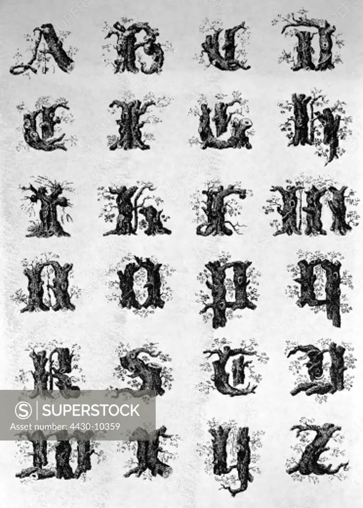 writing alphabet initials made of wood by Joseph Balthazar Silvestre from ""Alphabet Album"" Paris France 1843 private collection historic historical ABC letter letters romanticism graphics 19th century,