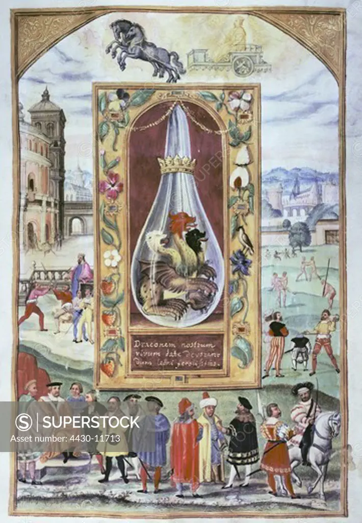 alchemy allegory vial with three-headed dragon miniature ""Splendor Solis"" Augsburg circa 1600 Germanisches Nationalmuseum Nuremberg,