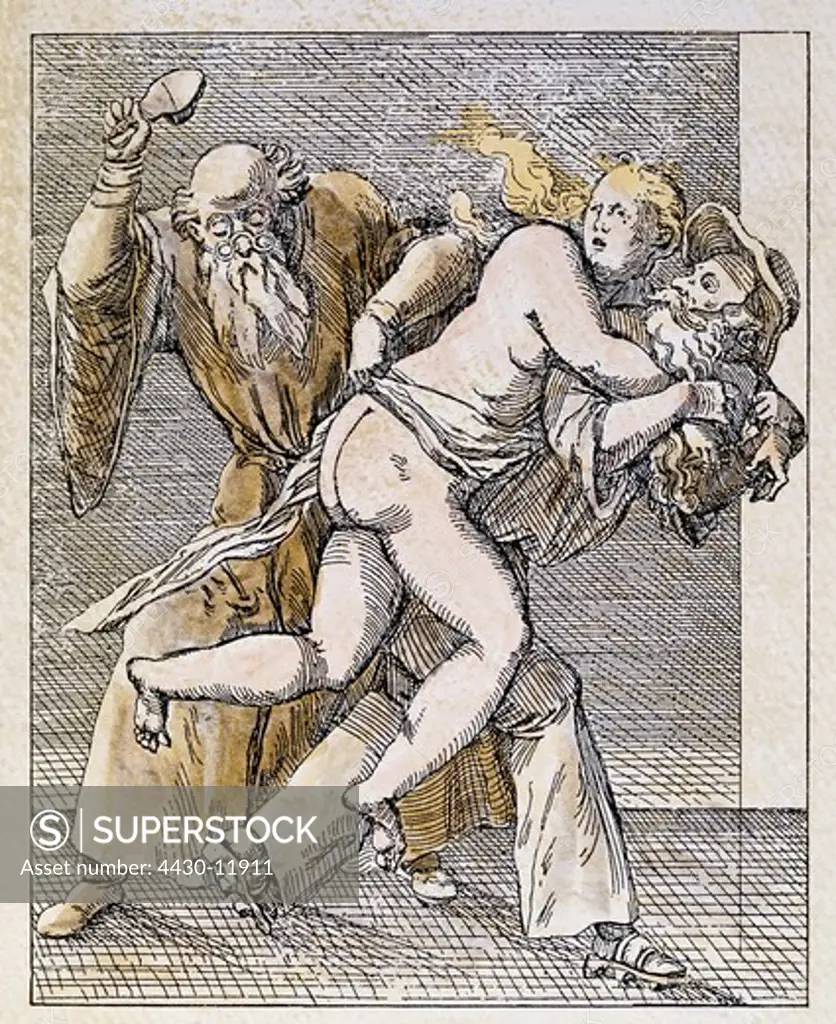 love sex and eroticism adultery punishment for unfaithfulness copper  engraving coloured Italy mid 16th century private collection, - SuperStock