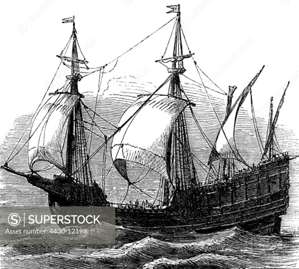 transport / transportation, navigation, sailing ships, caravel, caravel from the 15th century, wood engraving, 19th century,