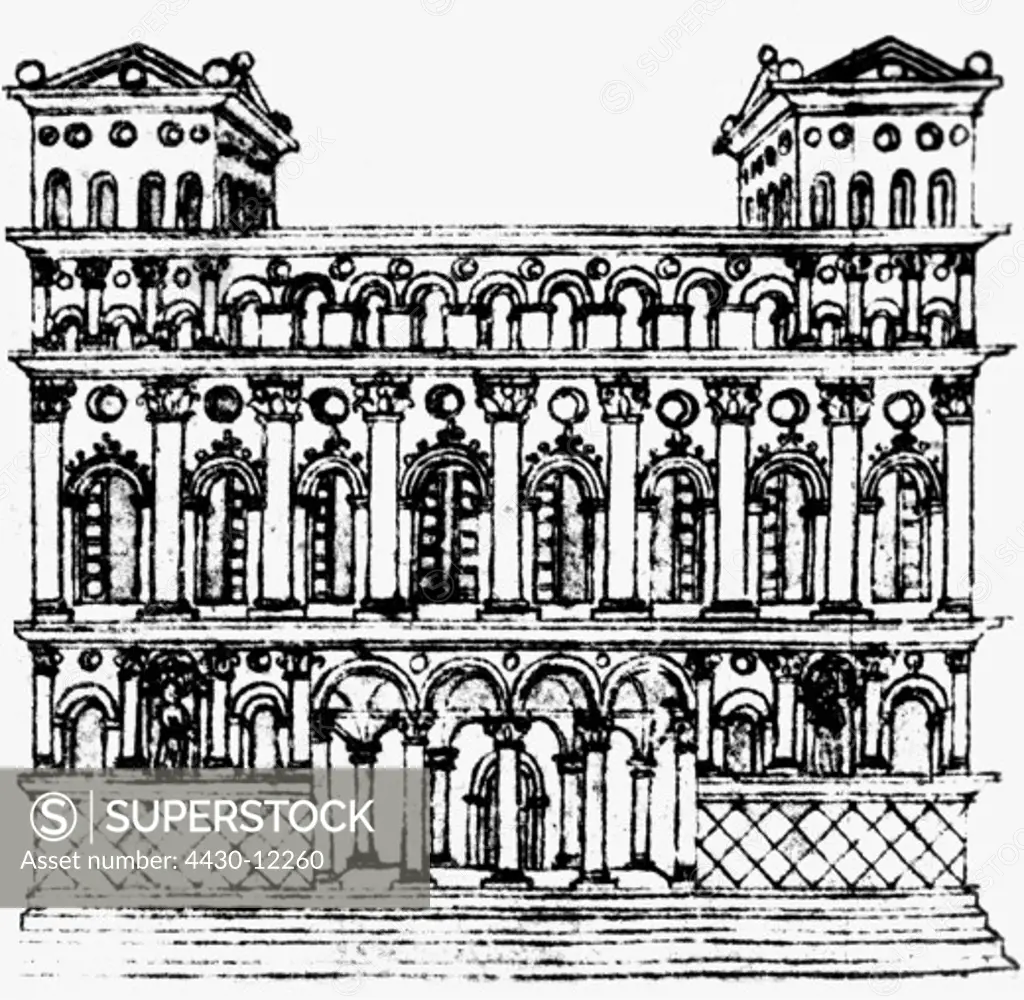 architecture, designs, ideal city Sforzinda, House of Architecture, copper engraving, ""Trattato d' architettura"" by Filarete (Antonio di Pietro Avelino), 1460/1464,