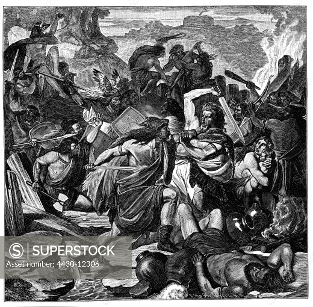 ancient world, Germanic Peoples, war, struggle between Hermunduri and Chatti about the salt springs near Kissingen, 58 AD, wood engraving, 19th century,