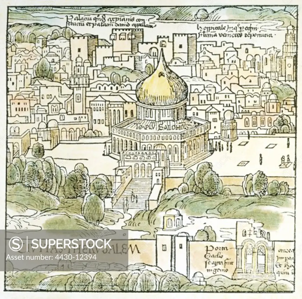 geography / travel, Israel, Jerusalem, view, coloured woodcut by 