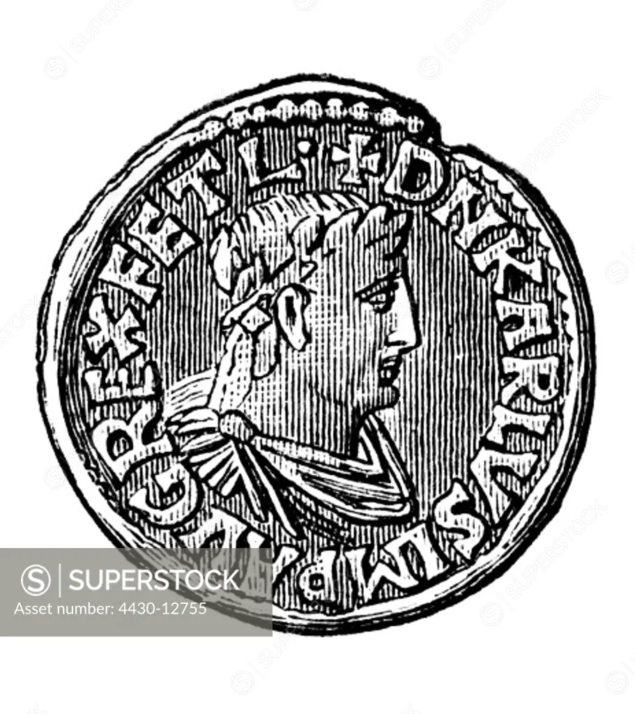 money / finances, coins, Frankish Empire, denarius, by emperor Charlemagne, obverse, silver, circa 800, wood engraving, by C.L. Becker, 19th century,