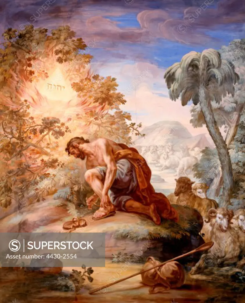 Brugger, Andreas, (1737 - 1812), painting, ""Moses and the thornbush"", western organ gallery, minster, Salem, Baden-Wuerttemberg, biblical scenes, burning, apparition, god, fire, hebrew, miracle, animals, sheep, shepherd, rococo, religious art, religion, christianity, Old Testament, Baden Wuerttemberg,