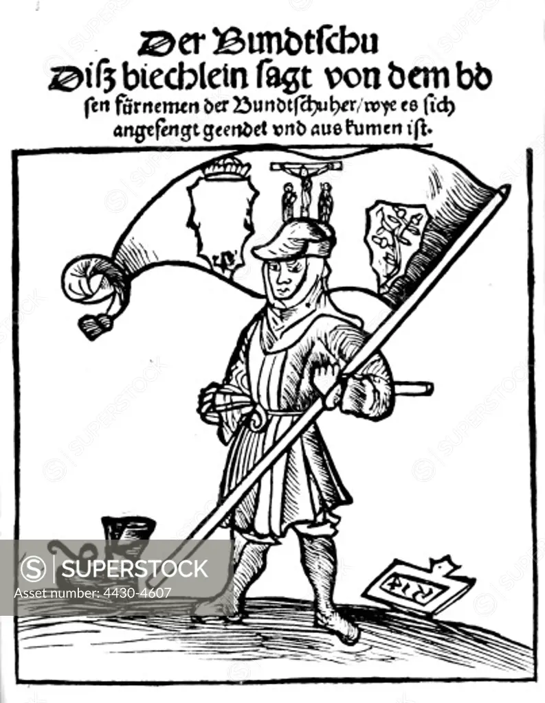 events Bundschuh movement 1493 - 1519 peasant with flag woodcut on the title page of the pamphlet ""Der Bundtschu"" by Pamphilus Sengenbach 1514,