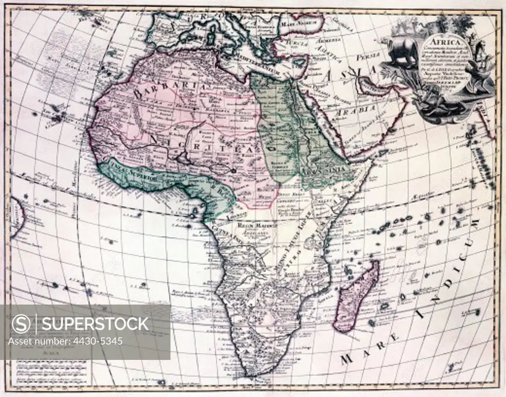 cartography maps Africa map by Guillaume de l'Isle (1675 - 1726) copper engraving coloured by Jeremias Wolff Augsburg Germany circa 1710,