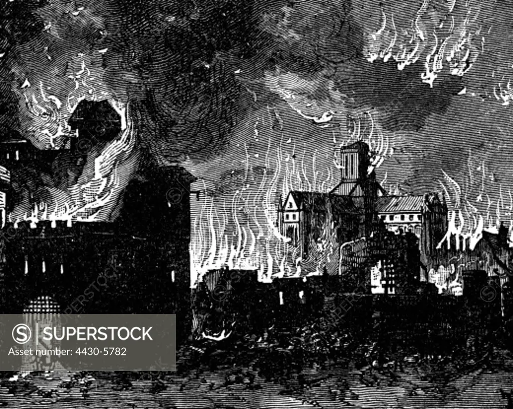 fire fires Great Fire of London 2.- 5.9.1666 Newgate Prison in flames wood engraving 19th century,