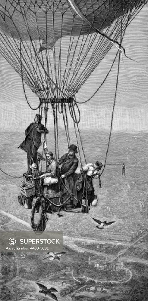 transport transportation aviation balloon ""Thousand Meters over Munich"" wood engraving 19th century after painting by Theodor Pixis (1831 - 1907),