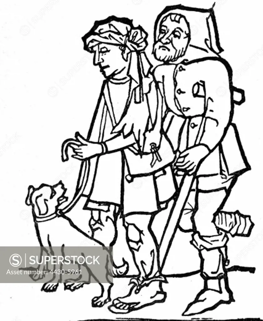 people poverty misery Middle Ages two beggars woodcut from the first edition of apocalypse with wood engraving circa 1465,