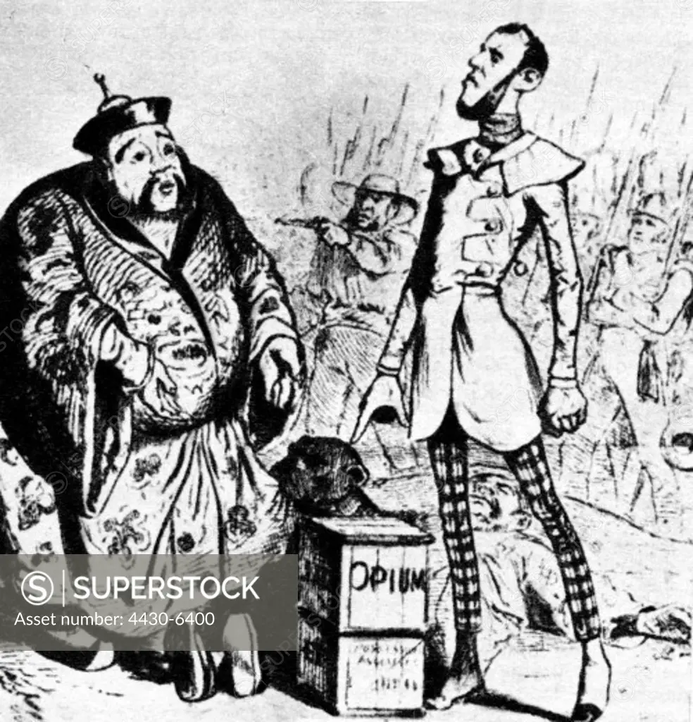 events First Opium War 1839 - 1842 British force the Chinese to take opium caricature drawing by Grandville (1803 - 1847) China Great Britain Asia drugs cartoon,