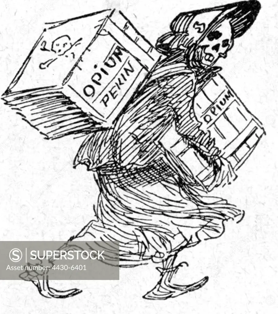 drugs & dope opium trade caricature ""Opium War"" drawing in ""Le Rire"" Paris 1899 death as missionary boxes China Asia,