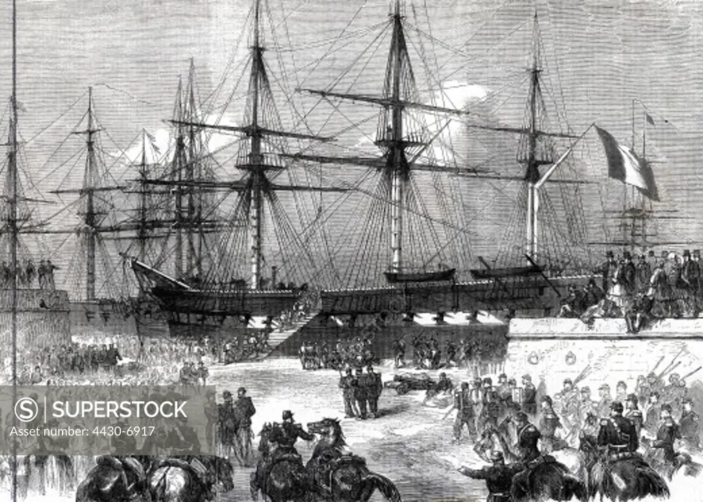 georgraphy travel Mexico French Intervention 1861 - 1867 French reinforcement embarking in Cherbourg engraving 1862,