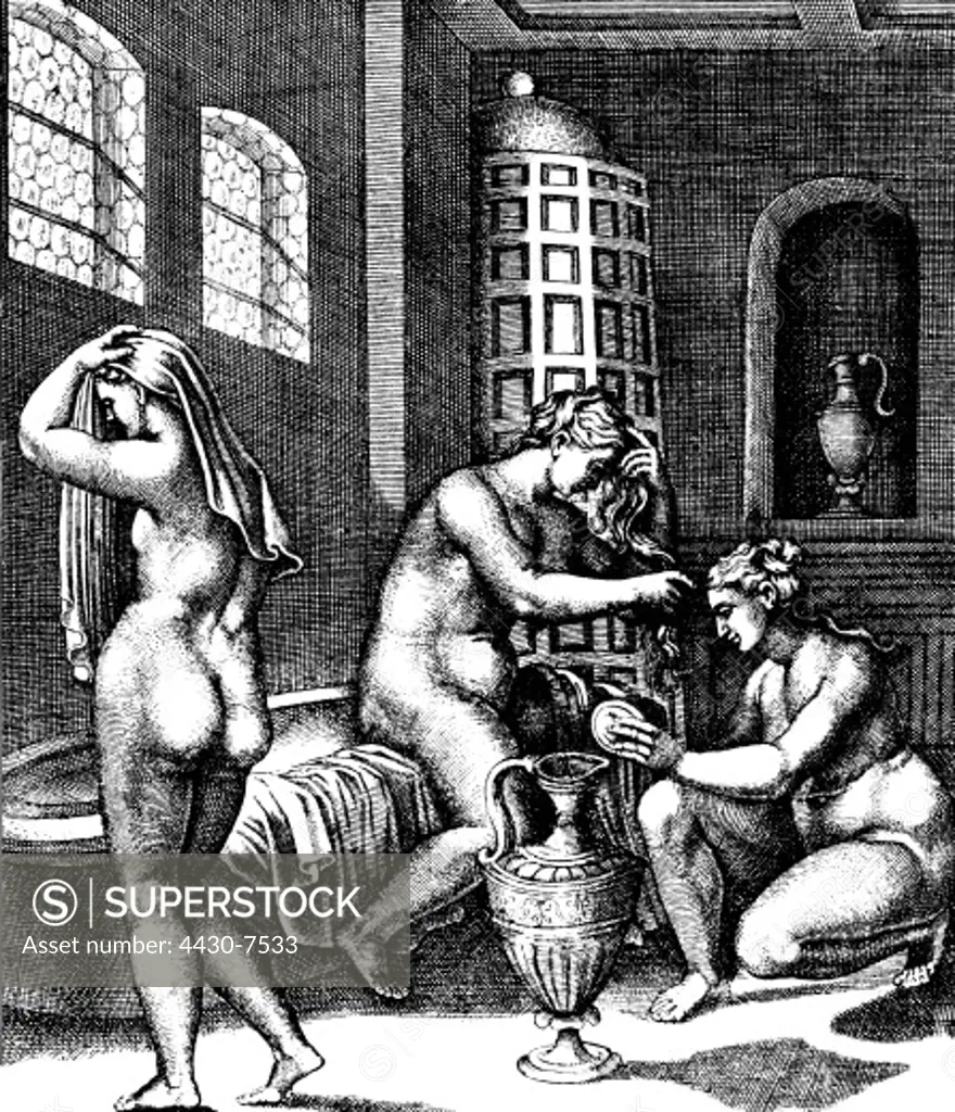 bathing women's bath copper engraving Italy 16th century Renaissance bathtub bath tub nude eroticism erotism women people,