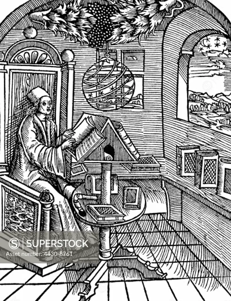 science academic scholar in study room woodcut circa 1500,