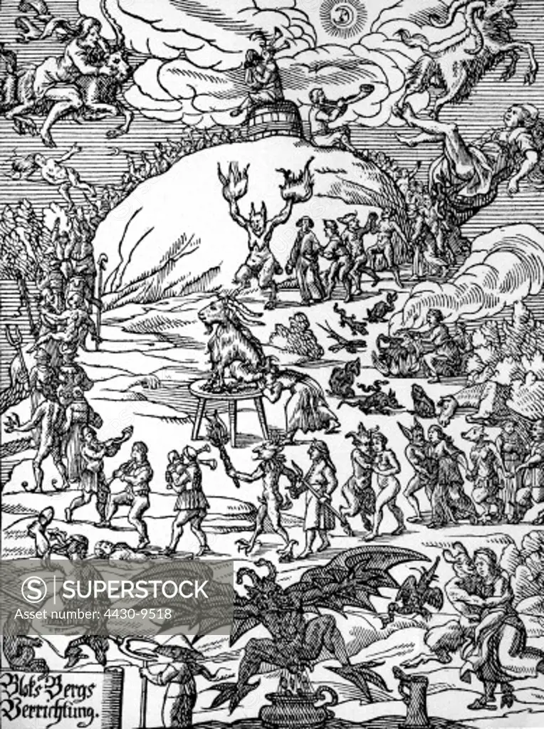 witches Walpurgis Night witches' sabbath on the Blocksberg woodcut 16th century,