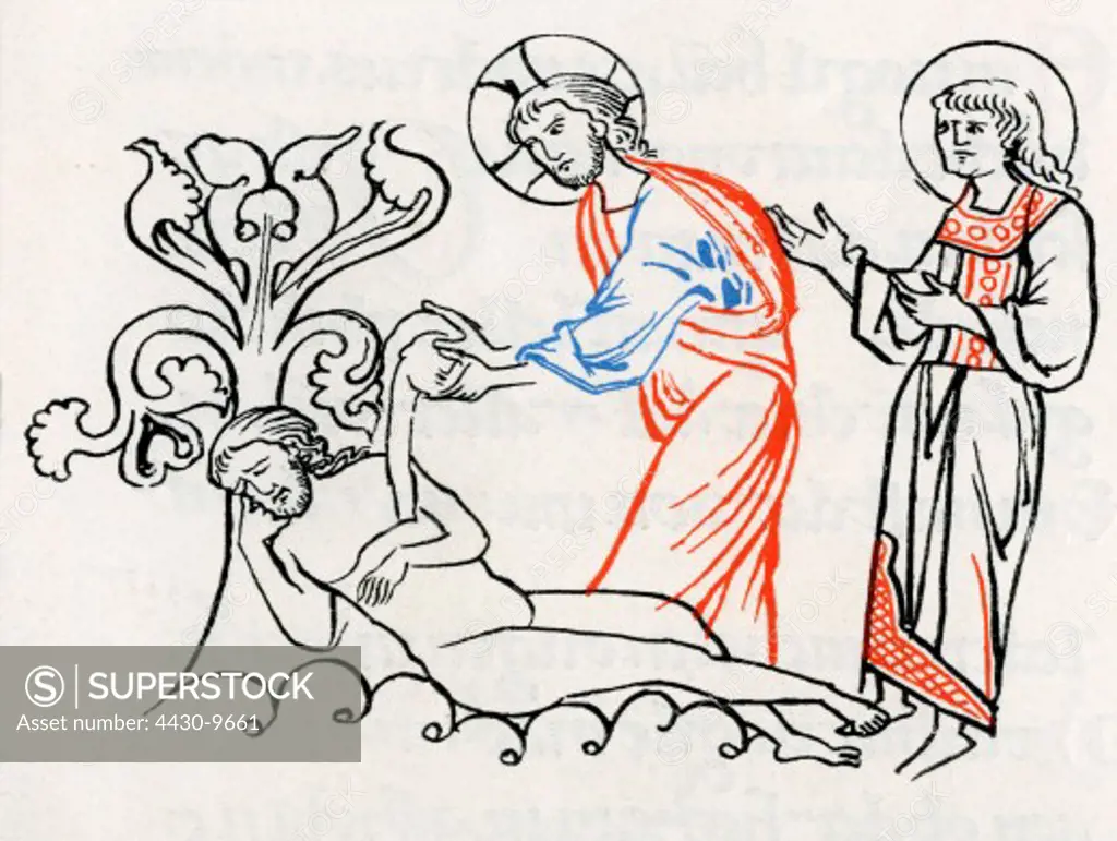 religion biblical scenes creation 6th day God creates Eve illumination Millstatt manuscript circa 1200,