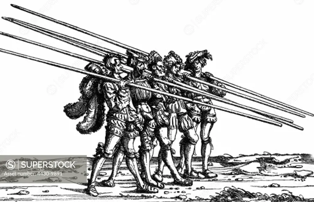 military Landsknechts pikemen on the march woodcut by Hans Burgkmair (1473 - 1531) from the ""Triumph of Maximilian"",