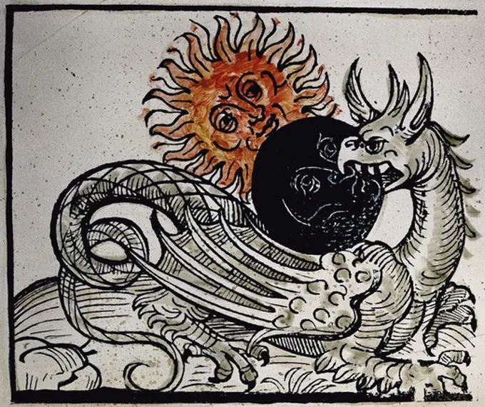 astronomy suns and eclipses dragon devouring shadow from face of sun colour woodcut from ""Missale Pragense"" printed by Konrad Kalchofen Leipzig 1498 private collection,