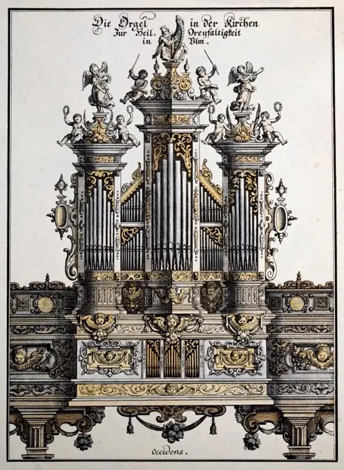 music instruments organ Trinity Church Ulm coloured engraving by von Matth_us Merian the Elder Frankfurt am Main 1643 private collection,