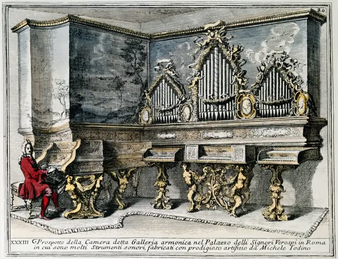 music instruments harpsichords combined with organ four manuals Palazzo Verospi Rome copper engraving coloured by Arnold van Westerhout (1651 - 1725) from ""Gabinetto armonico"" by von Filippo Bonanni Rome Italy 1723 private collection,