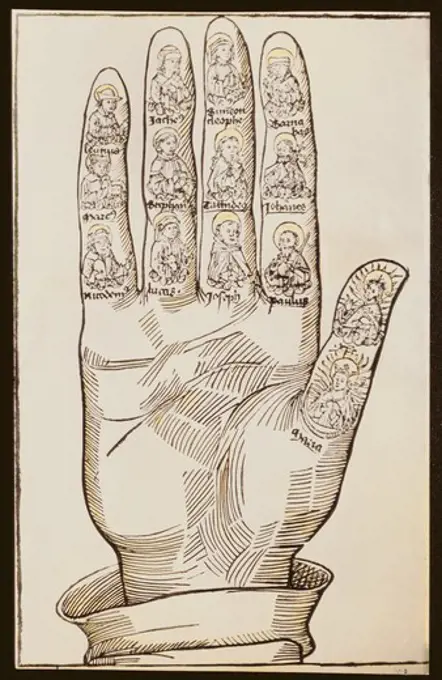 superstition chiromancy ""Die rechte Hand"" (The right hand) Christian interpretation woodcut coloured from ""Schatzbehalter"" (Treasure box) by Anton Koberger Nuremberg Germany 1484,