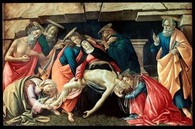 fine arts, Botticelli, Sandro, (1444/5 - 1510), Italian artist (painter), ""Lamentation of Christ"", circa 1490, panel, 140 x 207 centimetre, Alte Pinakothek, Munich,