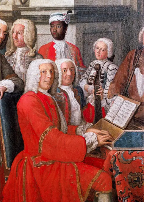 fine arts, Horemans, Peter Jakob (1700 - 1776), painting, ""Hofkonzert im Schloss Ismaning"" (Court concert at castle Ismaning), oil on canvas, 240 cm x 205 cm, Munich, Germany, 1733, Detail, Bavarian National Museum, Munich,