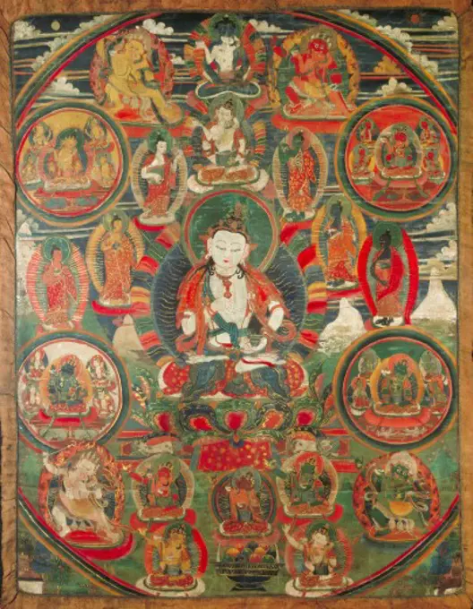 fine arts, Tibet, painting, Tangkha, peaceful gods, silk, 18th century, Ethnological Collection, Zuerich University,