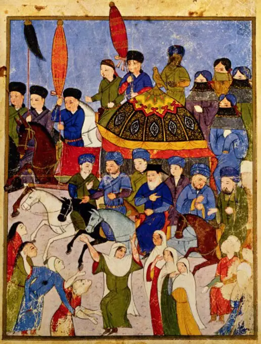 fine arts, islamic art, Persia, miniature, funeral of Ghasan Khan, Dschami al-Tawarich, Herat, circa 1440, National Library, Paris,