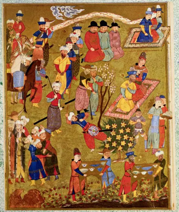 fine arts, islamic art, Persia, miniature, men at an open-air feat, Shiraz, circa 1440, Cleveland Museum of Art,