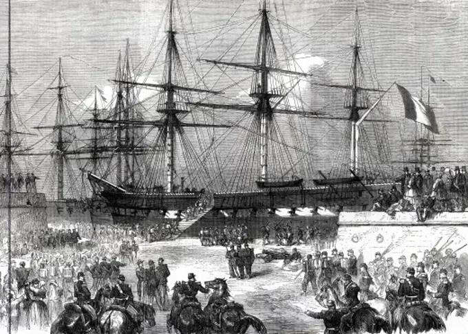 georgraphy travel Mexico French Intervention 1861 - 1867 French reinforcement embarking in Cherbourg engraving 1862,