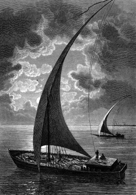 slavery transport transportation Arabian dhow at a ride in the night wood engraving 1860,