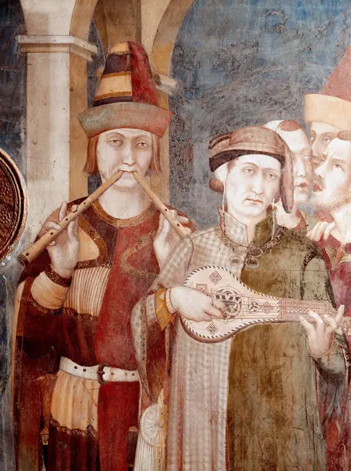 music musicians flute player with two flutes and lute player fresco by Simone Martini detail 13th century lower church San Francesco basilica Assisi Italy,