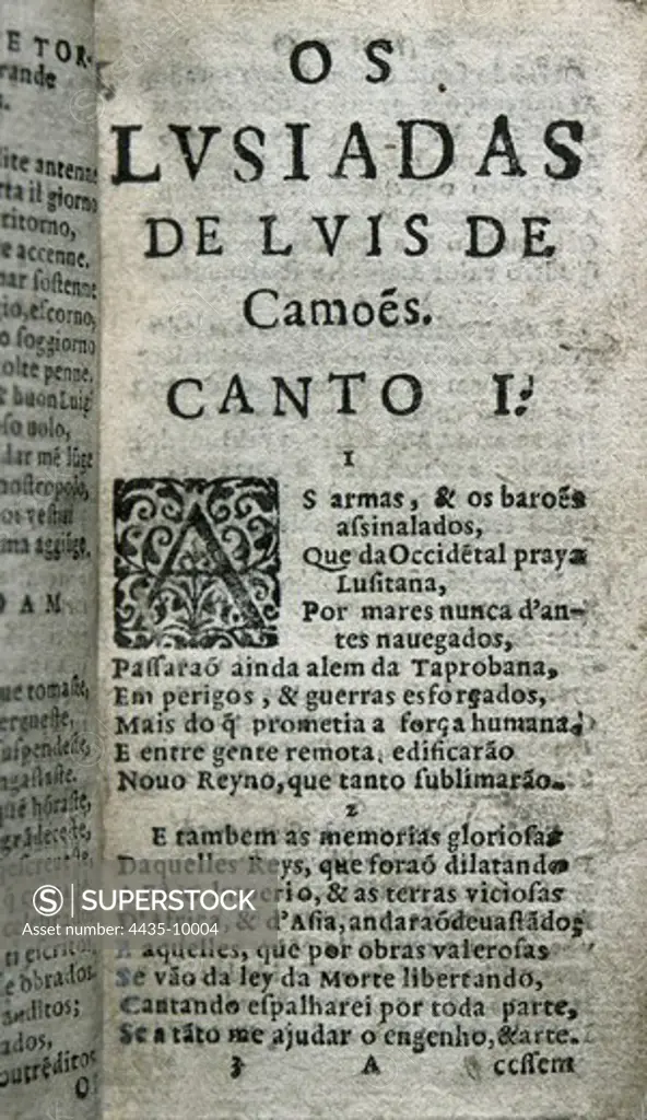 Camoes or Camoens, Luis Vaz de (1524-1580). Portuguese Renaissance writer and poet. 'Os LusÕadas' (The Lusiads). Portuguese epic poem. Edition printed by Pedro Crasbeeck, King's printer, in Lisbon in 1631. Canto 1, verse 1 'As armas e os barÝes assinalados, Que, da ocidental praia lusitana....'. Engraving.