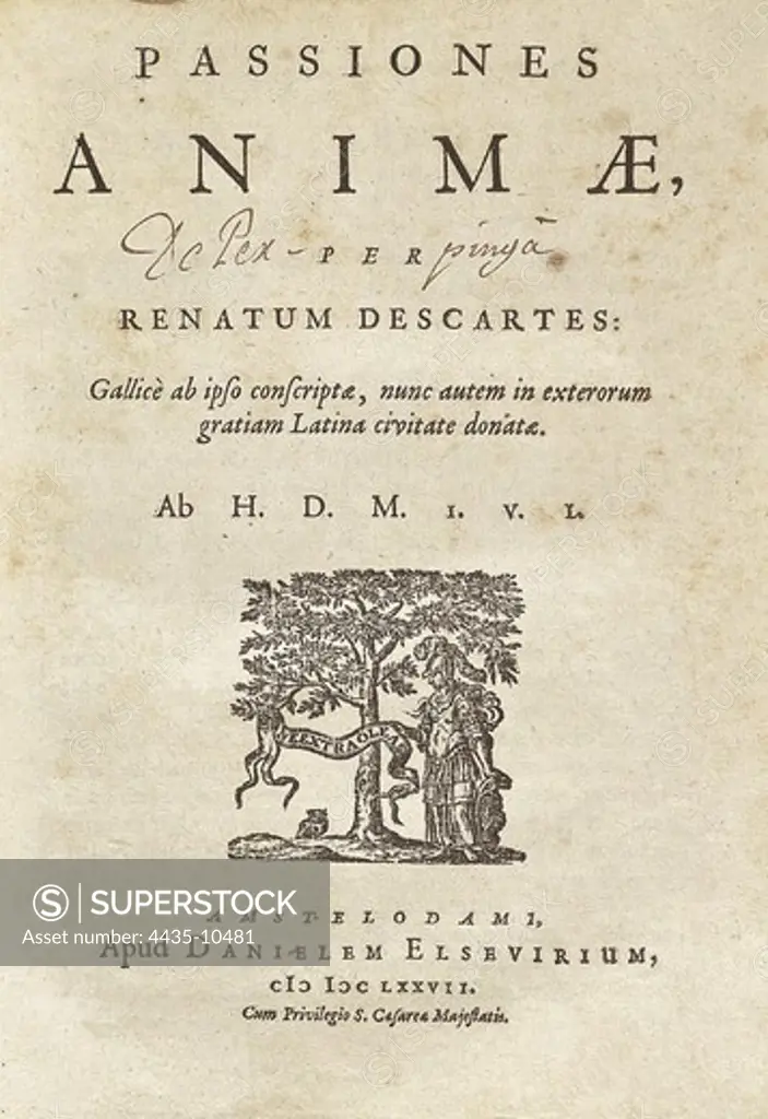 DESCARTES, Ren_ (1596-1650). French rationalist philosopher, mathematician and scientist. 'Passiones Animae' (Passions of the soul). Edition executed in Amsterdam (1677). SPAIN. CATALONIA. Barcelona. Biblioteca de Catalunya (National Library of Catalonia).