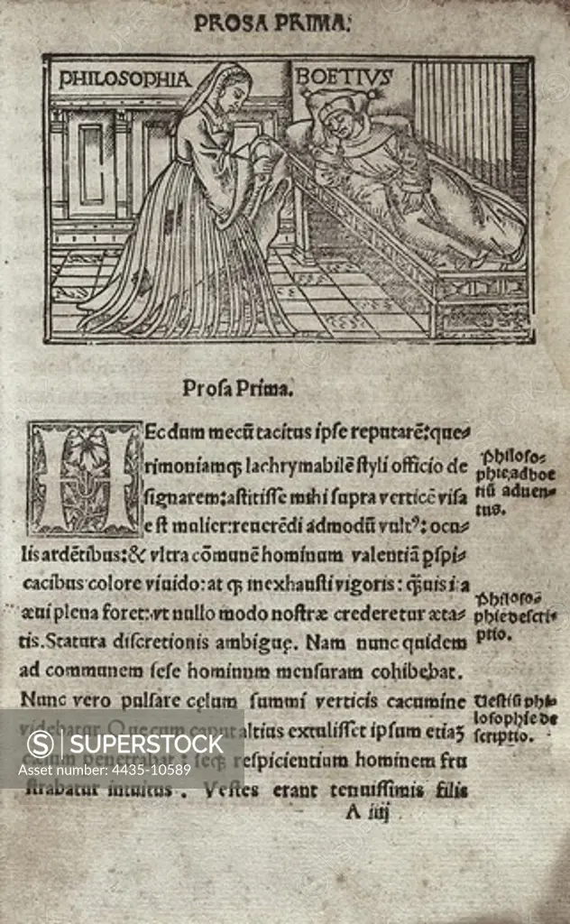 BOETHIUS, Anicius Manlius Severinus (480-524). Latin philosopher and politician. Illustrated page from 'De Consolatione Philosophiae' treaty by Boethius. Representation of Boethius and the Philosophy. Engraving. SPAIN. CATALONIA. Barcelona. Biblioteca de Catalunya (National Library of Catalonia).