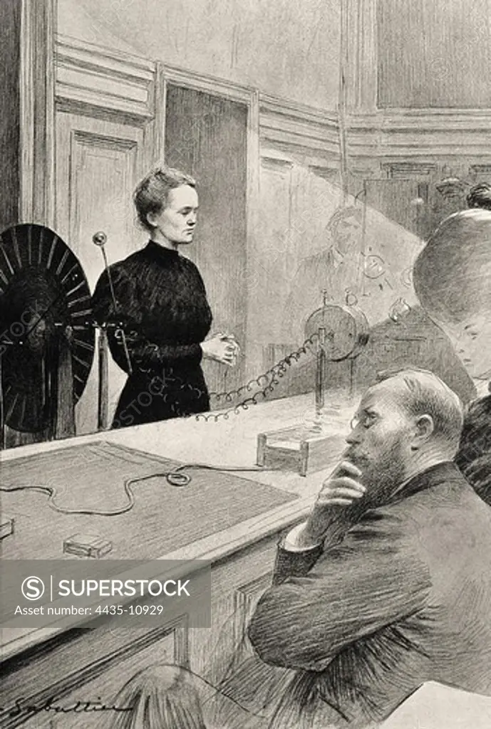 SABATTIER, Louis R_my (20th century). Marie Curie in the University of La Sorbonne. 1900s. Marie Curie opening a course on radioactivity in the University of La Sorbonne at Paris in 1906. Engraving.