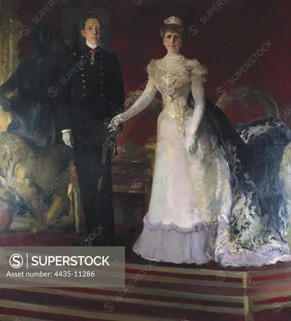 ALFONSO XIII (1886-1941). King of Spain (1886-1931).; Maria Christina of Habsburg (1858-1929). Queen and regent of Spain, wife of Alfonso XII. His Majesty King Alfonso XIII with his mother Queen Maria Cristina of Austria. 1901. Impressionism. Oil on canvas. SPAIN. MADRID (AUTONOMOUS COMMUNITY). Madrid. Ministry of Foreign Affairs.