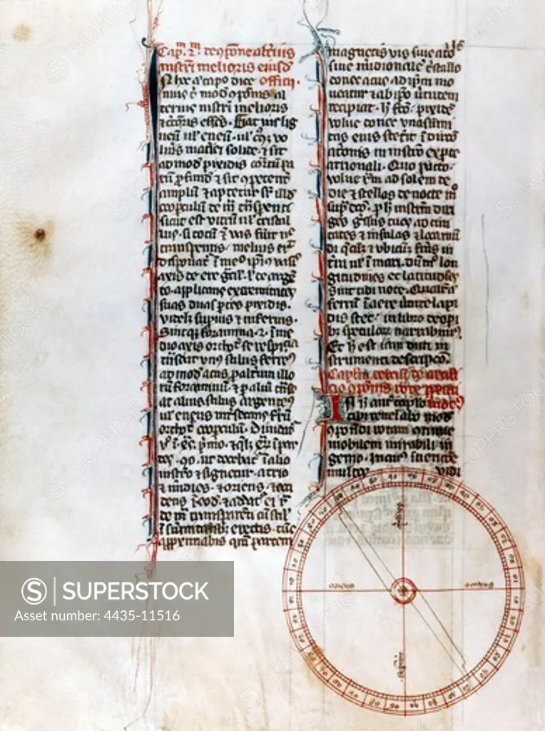 Peregrinus of Maricourt, Peter (13th century)). French scientist who wrote the first extant treatise describing the properties of magnets. 'Epistola de magnete', 1269. Letter of Peregrine de Maricourt to Syger de Foucancort, on the Magnet. Belongs to the MS Ashmole (1522) fol 186 r. In the bottom, pivoting compass needle. Miniature Painting. UNITED KINGDOM. ENGLAND. SOUTH EAST ENGLAND. Oxford. Bodleian Library.