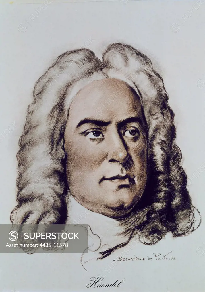 HANDEL, George Frideric (1685-1759). German Baroque composer, naturalized British in 1726. Portrait by Bernardino de Pantorba. Litography.