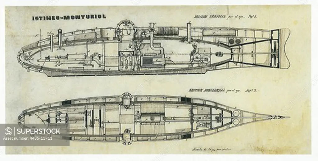 MONTURIOL, Narciso (1819-1885). Spanish inventor and republican politician. Plans of submarine Ictineo II, designed by Monturiol. Vertical and horizontal section across the axis of the nave. SPAIN. CATALONIA. Barcelona. Barcelona Maritime Museum.