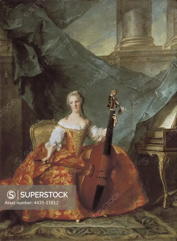 Anne Henriette de France (1727 - 1752). Twin sister of Louise Älisabeth de France, the eldest child of King Louis XV of France and his queen consort Maria Leszczynska. Anne Henriette of France playing a Viol (Viola da Gamba). 1754. Oil on canvas. FRANCE. LE-DE-FRANCE. YVELINES. Versailles. Palace of Versailles.